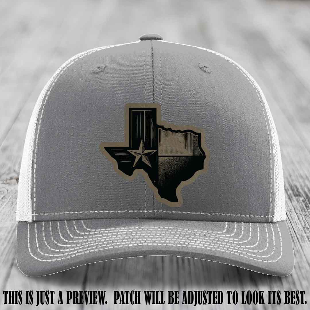 Lone Star Swagger Light Brown to Black Patch on Heather Grey to White Hat - Custom Richardson 112 Leather Patch Hat