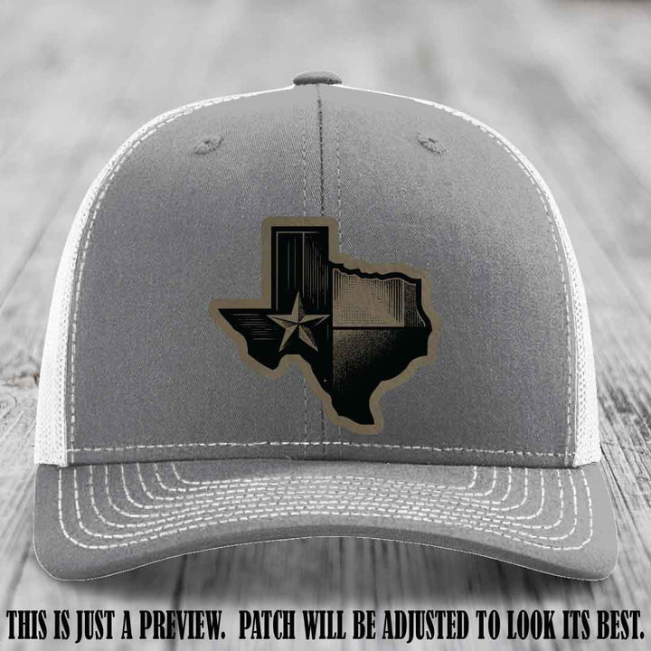 Lone Star Swagger Light Brown to Black Patch on Heather Grey to White Hat - Custom Richardson 112 Leather Patch Hat