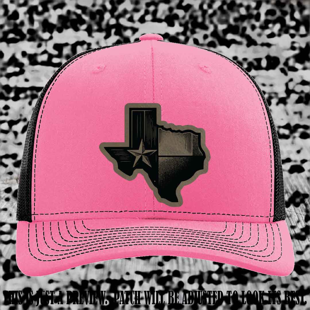 Lone Star Swagger Light Brown to Black Patch on Hot Pink to Black Hat - Custom Richardson 112 Leather Patch Hat
