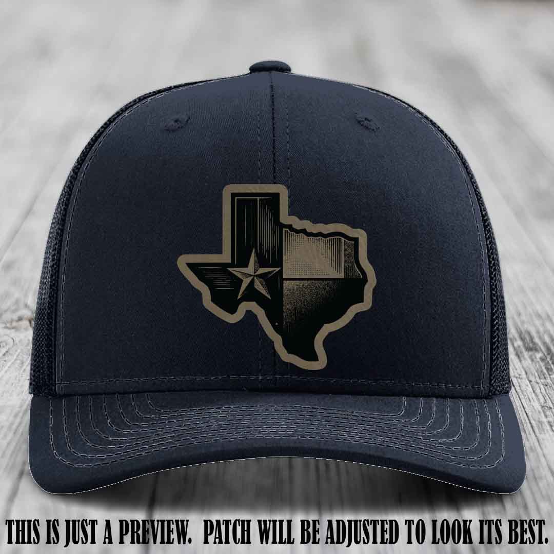 Lone Star Swagger Light Brown to Black Patch on Navy Hat - Custom Richardson 112 Leather Patch Hat
