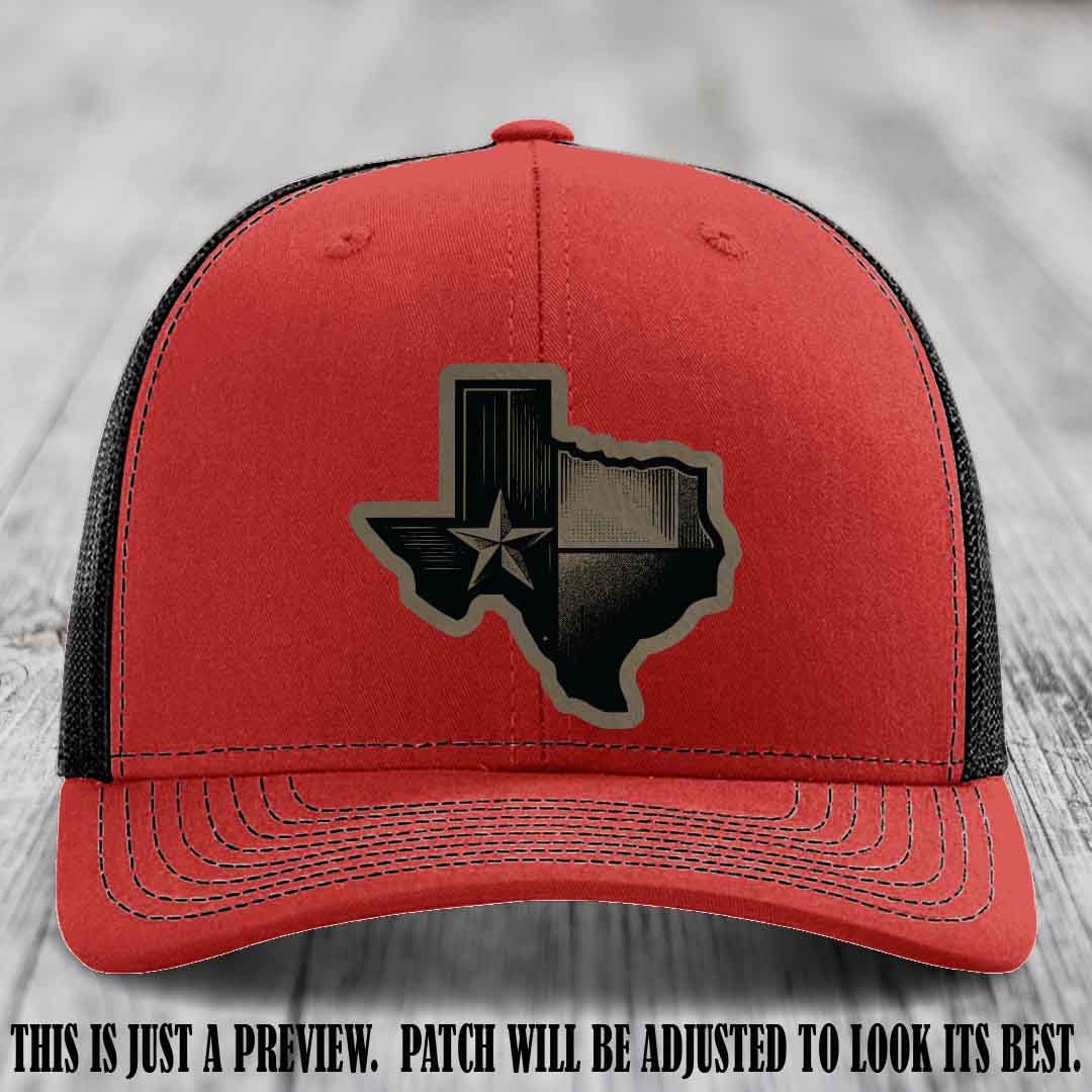 Lone Star Swagger Light Brown to Black Patch on Red to Black Hat - Custom Richardson 112 Leather Patch Hat