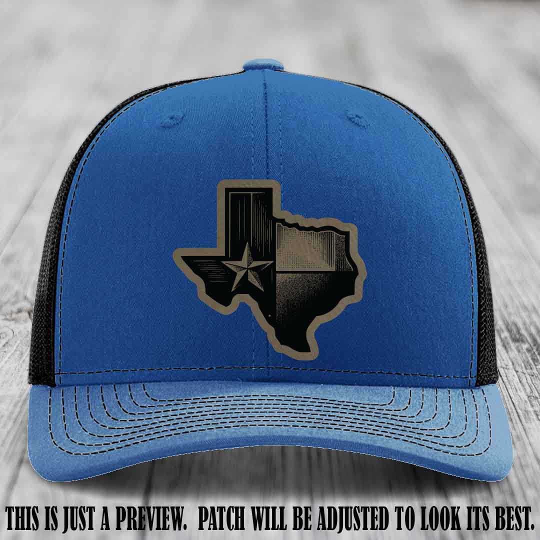 Lone Star Swagger Light Brown to Black Patch on Royal to Black Hat - Custom Richardson 112 Leather Patch Hat