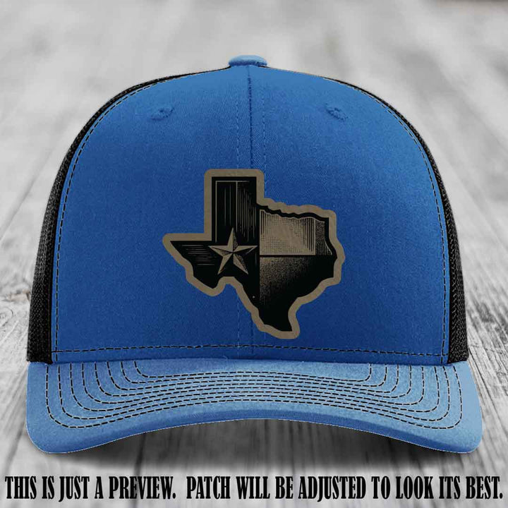 Lone Star Swagger Light Brown to Black Patch on Royal to Black Hat - Custom Richardson 112 Leather Patch Hat