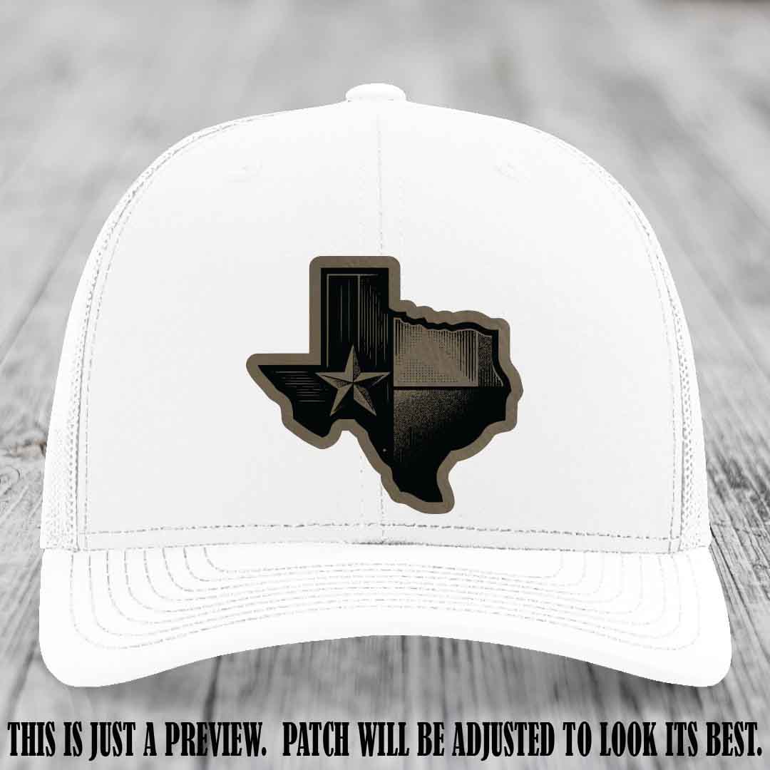 Lone Star Swagger Light Brown to Black Patch on White Hat - Custom Richardson 112 Leather Patch Hat
