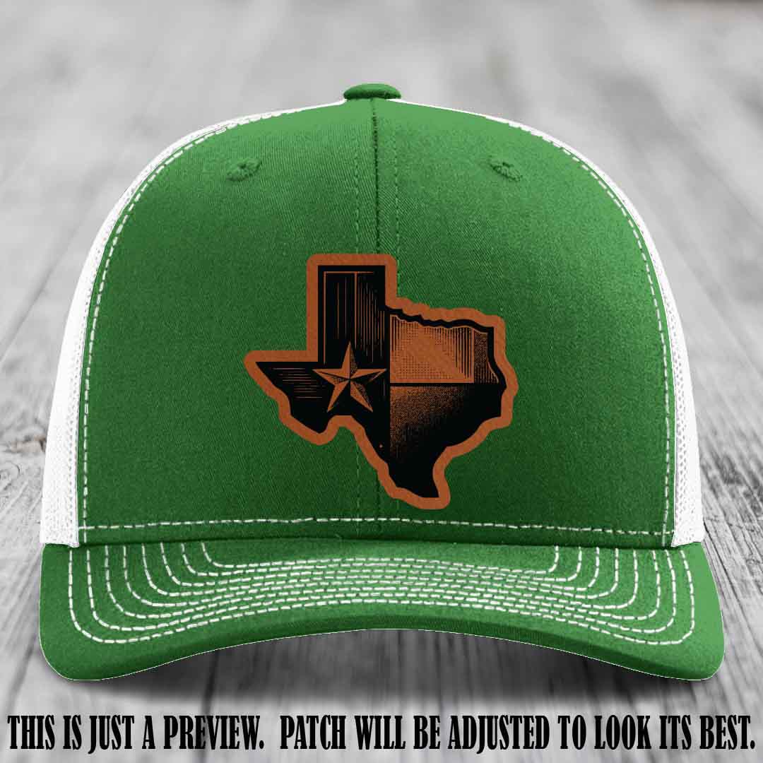 Lone Star Swagger Rawhide to Black Patch on Kelly to White Hat - Custom Richardson 112 Leather Patch Hat