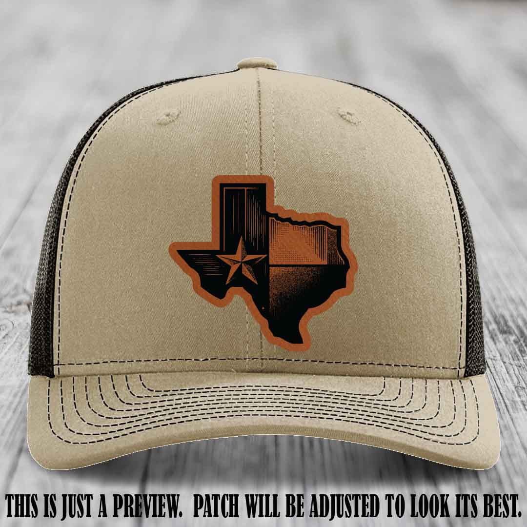 Lone Star Swagger Rawhide to Black Patch on Khaki to Coffee Hat - Custom Richardson 112 Leather Patch Hat