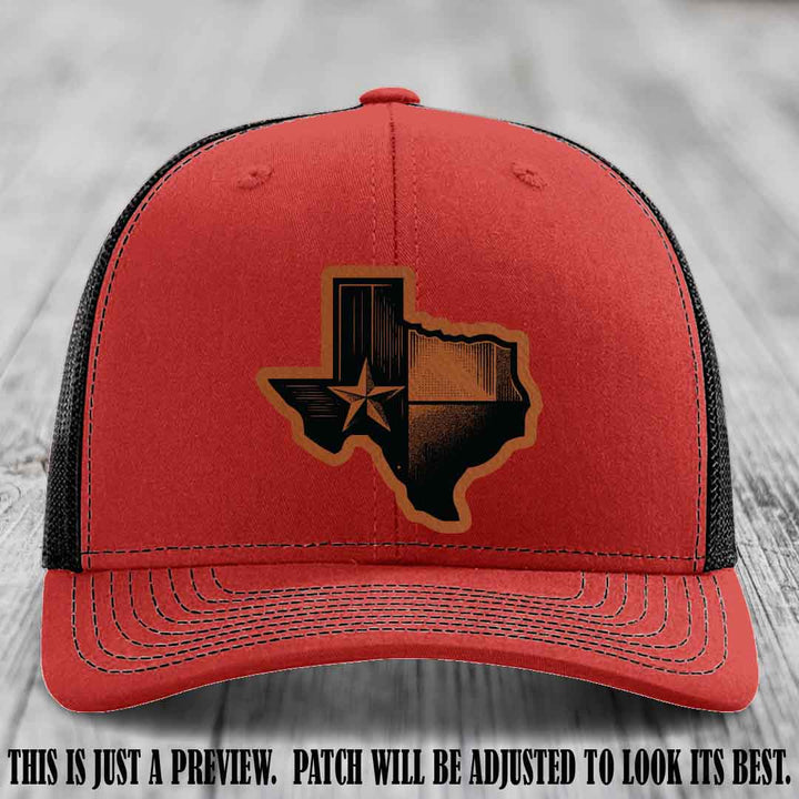 Lone Star Swagger Rawhide to Black Patch on Red to Black Hat - Custom Richardson 112 Leather Patch Hat