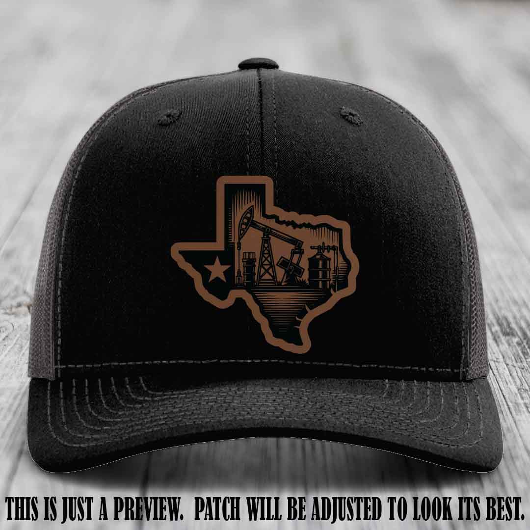 Texas Oilfield Pride design on a Dark Brown to Black Patch leather patch Richardson 112 Black to Charcoal Hat