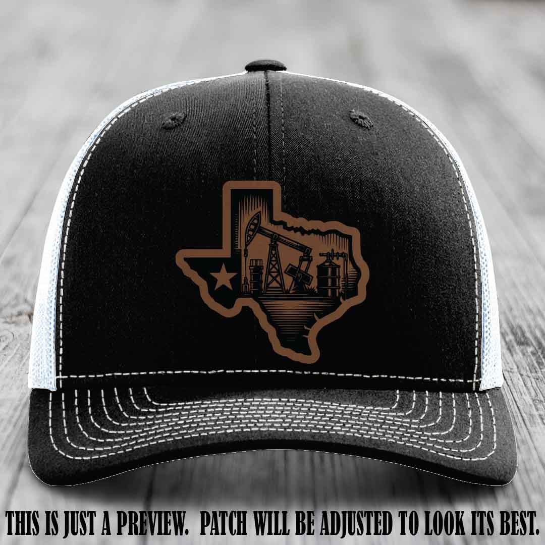 Texas Oilfield Pride design on a Dark Brown to Black Patch leather patch Richardson 112 Black to White Hat