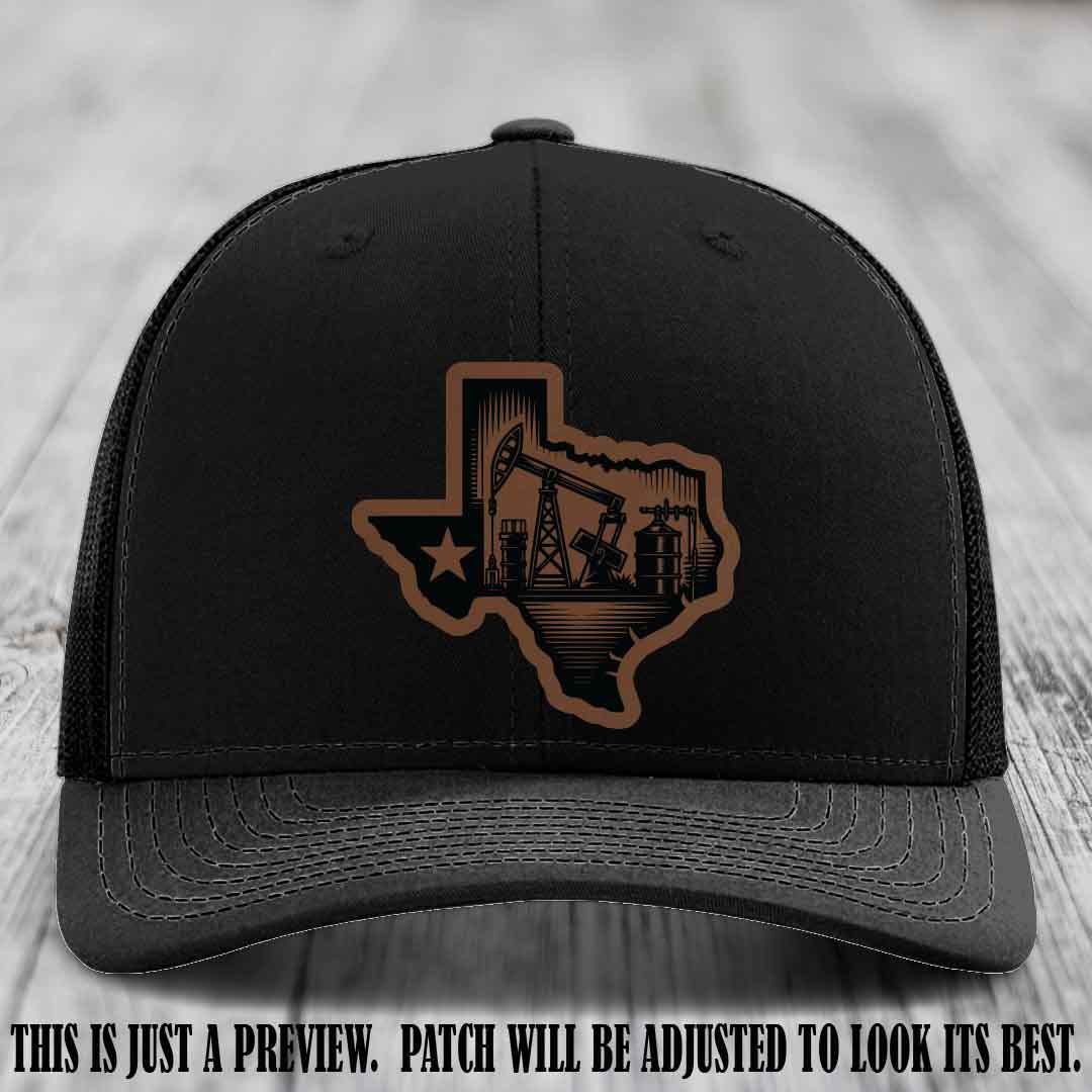 Texas Oilfield Pride design on a Dark Brown to Black Patch leather patch Richardson 112 Black Hat