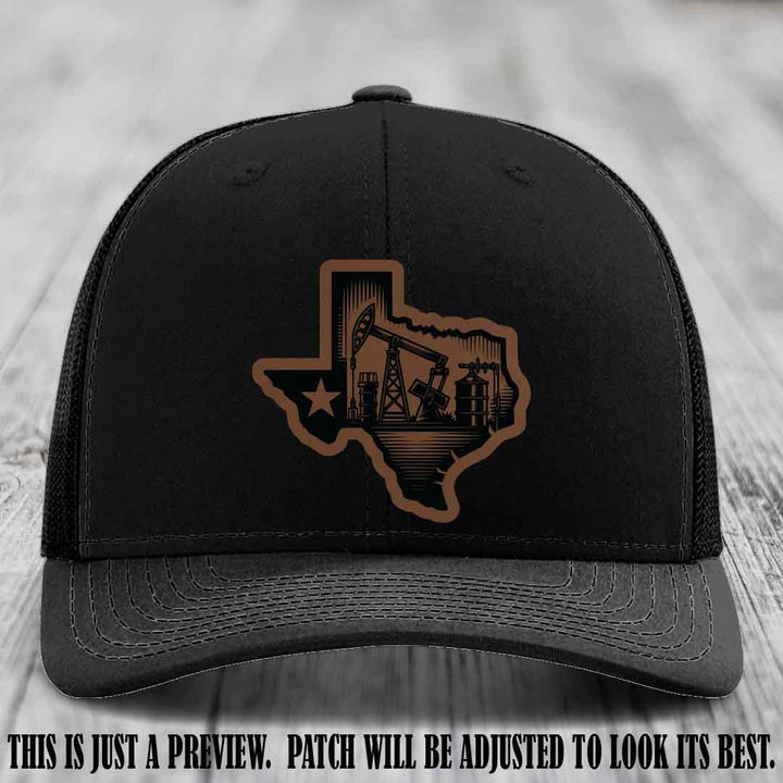 Texas Oilfield Pride design on a Dark Brown to Black Patch leather patch Richardson 112 Black Hat