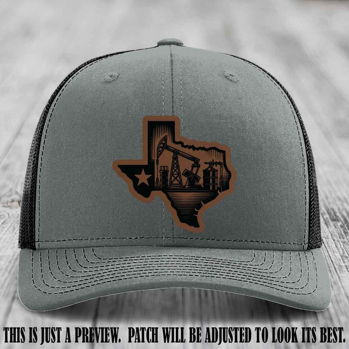 Texas Oilfield Pride design on a Dark Brown to Black Patch leather patch Richardson 112 Heather Grey to Black Hat