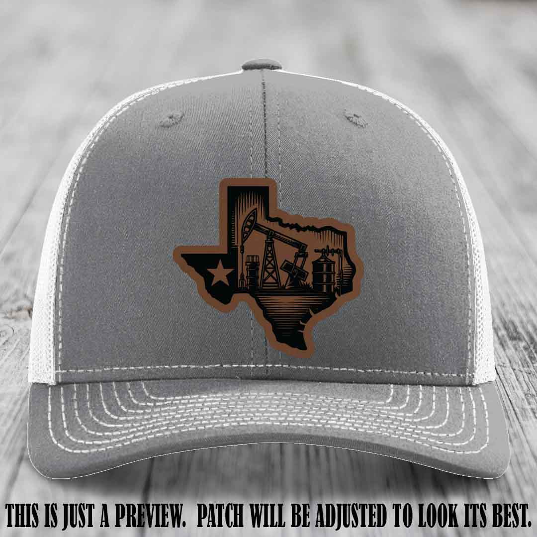 Texas Oilfield Pride design on a Dark Brown to Black Patch leather patch Richardson 112 Heather Grey to White Hat