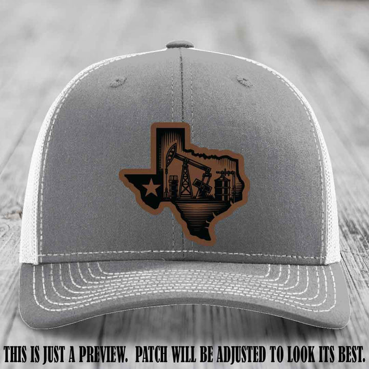 Texas Oilfield Pride design on a Dark Brown to Black Patch leather patch Richardson 112 Heather Grey to White Hat