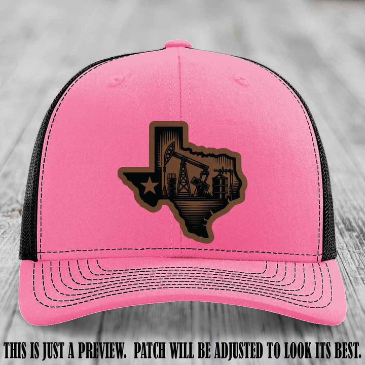 Texas Oilfield Pride design on a Dark Brown to Black Patch leather patch Richardson 112 Hot Pink to Black Hat