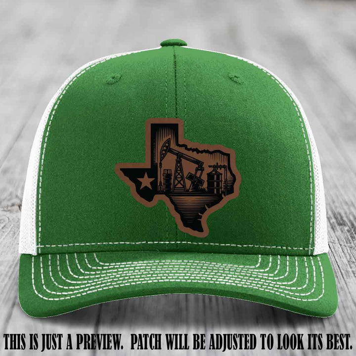 Texas Oilfield Pride design on a Dark Brown to Black Patch leather patch Richardson 112 Kelly to White Hat
