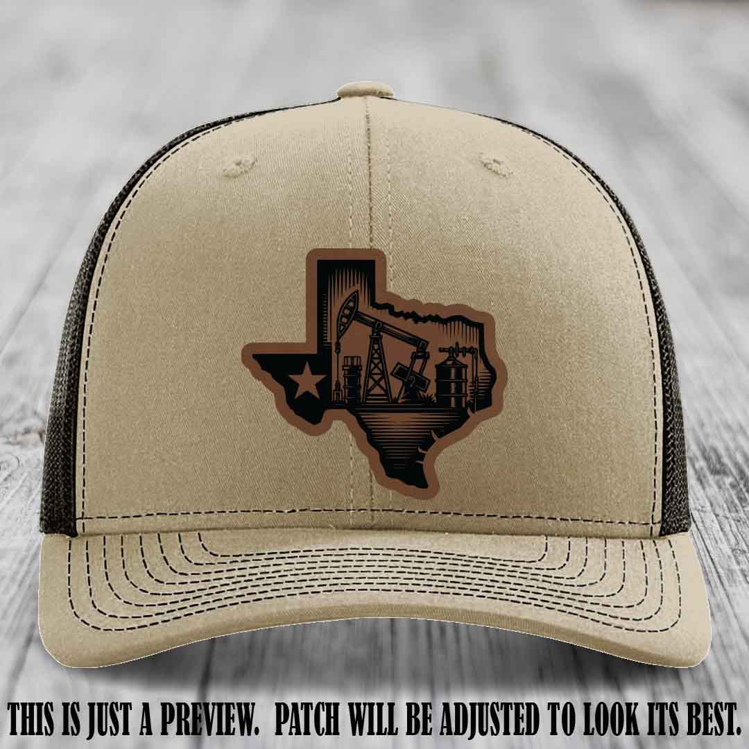 Texas Oilfield Pride design on a Dark Brown to Black Patch leather patch Richardson 112 Khaki to Coffee Hat