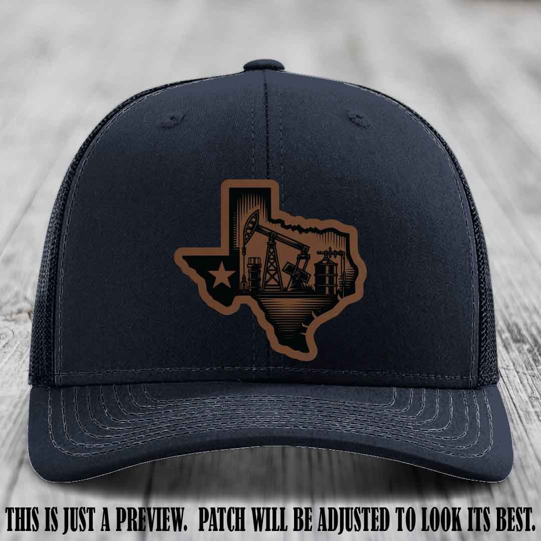 Texas Oilfield Pride design on a Dark Brown to Black Patch leather patch Richardson 112 Navy Hat