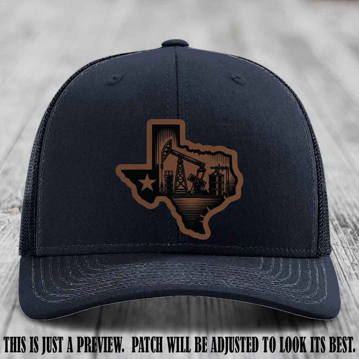 Texas Oilfield Pride design on a Dark Brown to Black Patch leather patch Richardson 112 Navy Hat