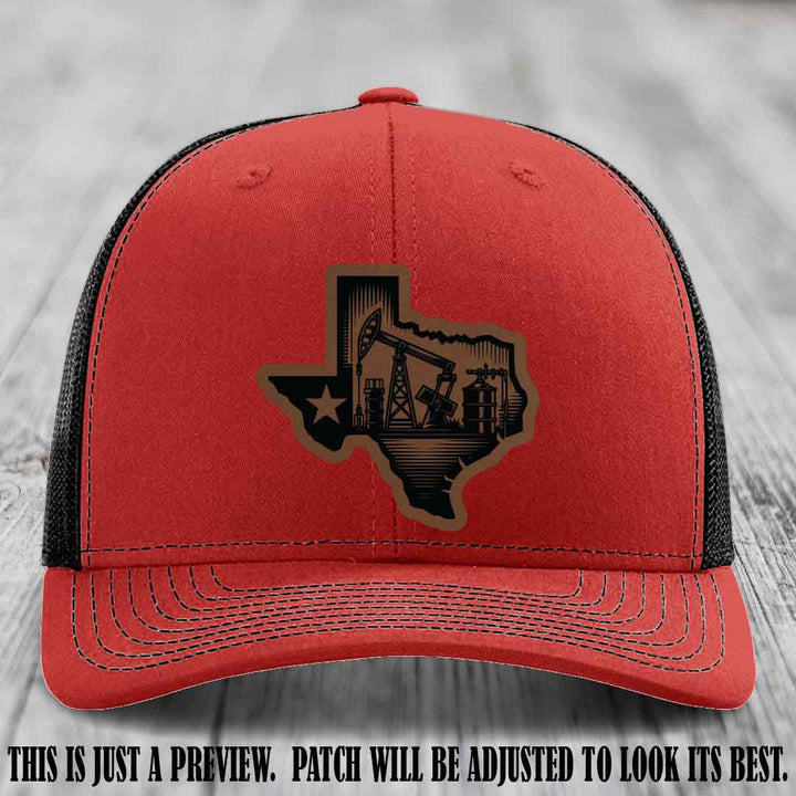Texas Oilfield Pride design on a Dark Brown to Black Patch leather patch Richardson 112 Red to Black Hat