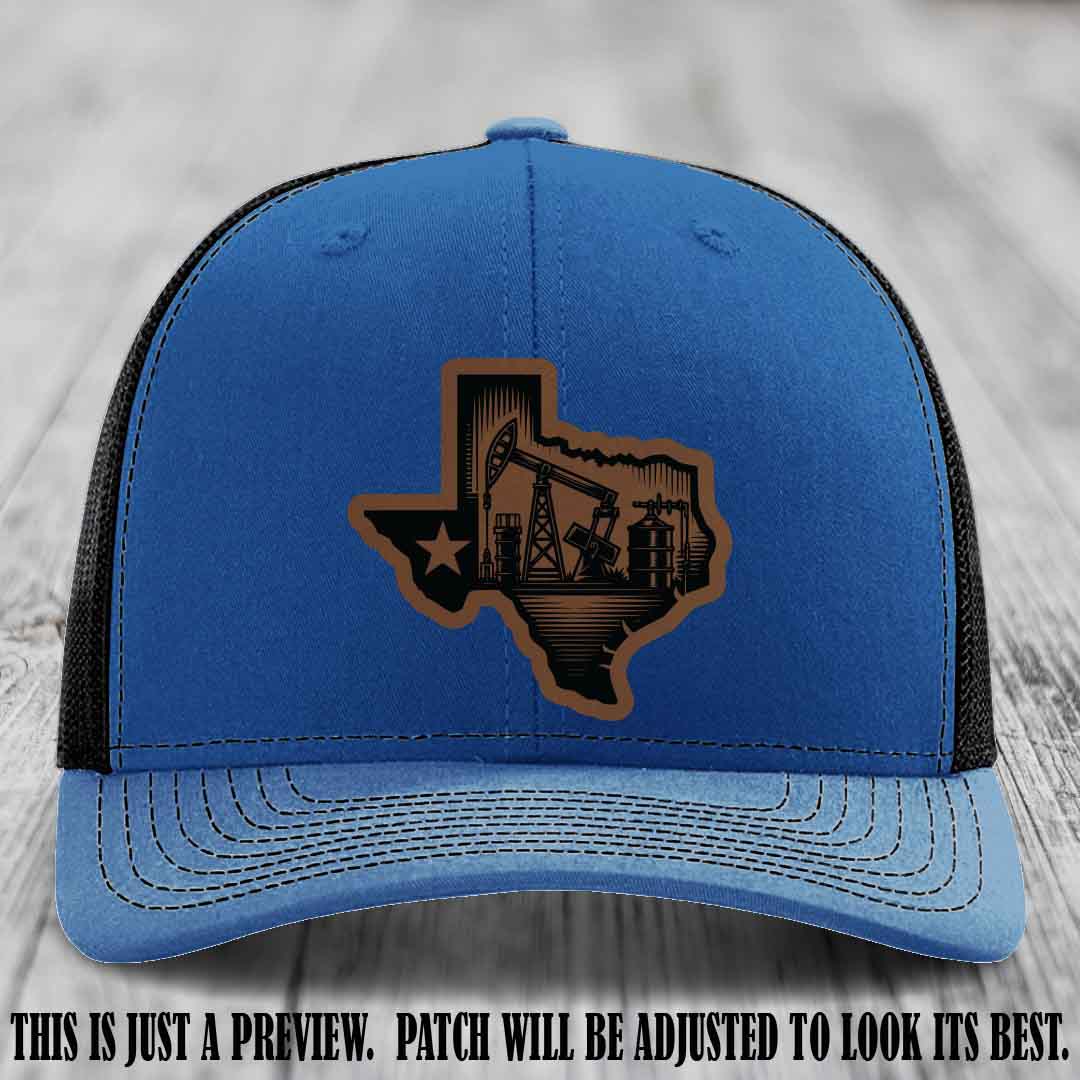 Texas Oilfield Pride design on a Dark Brown to Black Patch leather patch Richardson 112 Royal to Black Hat