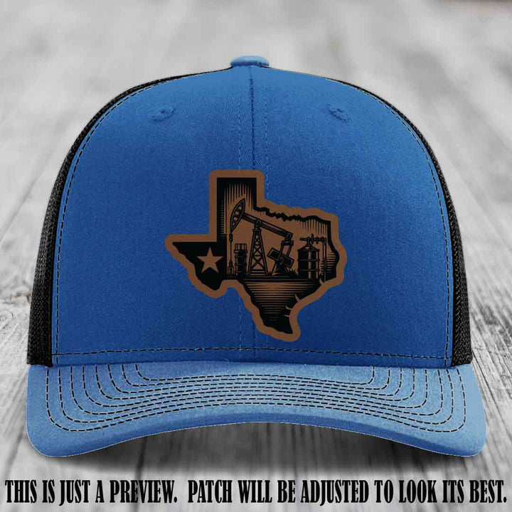Texas Oilfield Pride design on a Dark Brown to Black Patch leather patch Richardson 112 Royal to Black Hat