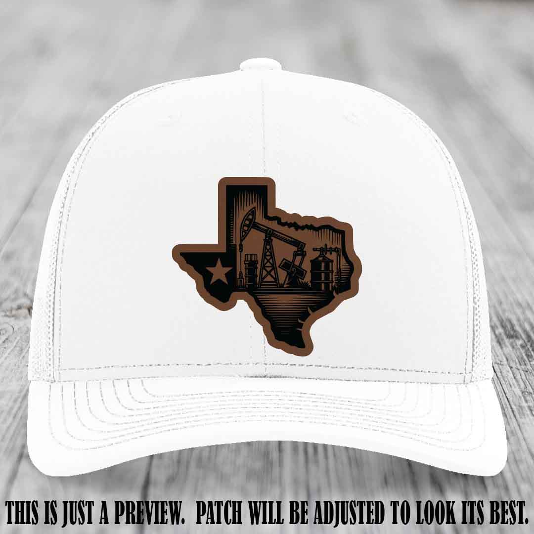 Texas Oilfield Pride design on a Dark Brown to Black Patch leather patch Richardson 112 White Hat