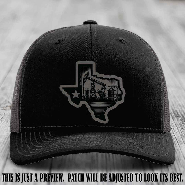 Texas Oilfield Pride design on a Grey to Black Patch leather patch Richardson 112 Black to Charcoal Hat