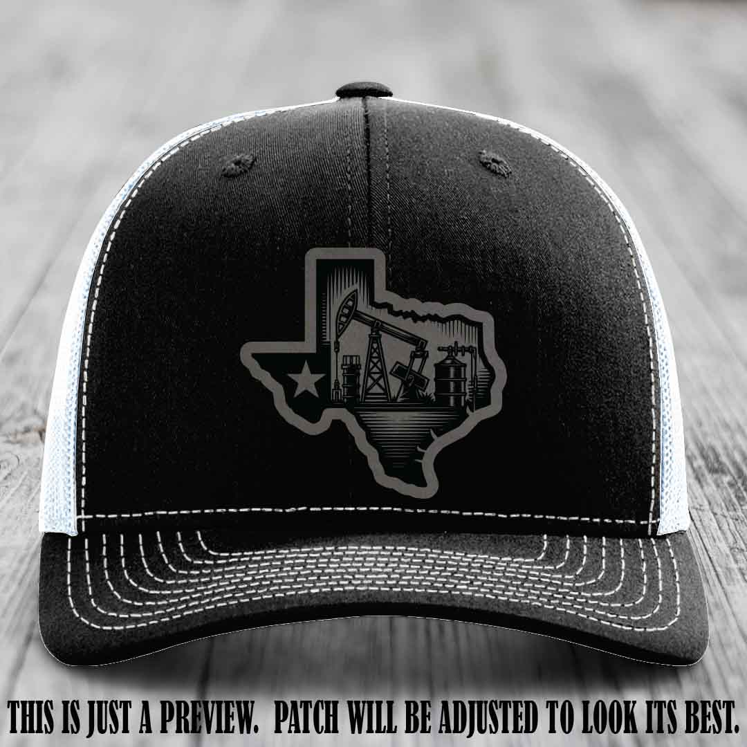 Texas Oilfield Pride design on a Grey to Black Patch leather patch Richardson 112 Black to White Hat