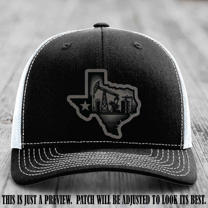 Texas Oilfield Pride design on a Grey to Black Patch leather patch Richardson 112 Black to White Hat