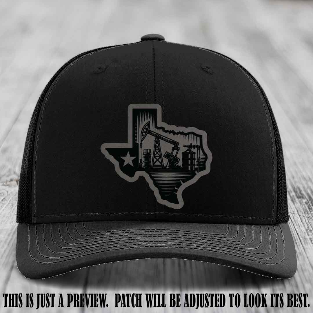 Texas Oilfield Pride design on a Grey to Black Patch leather patch Richardson 112 Black Hat