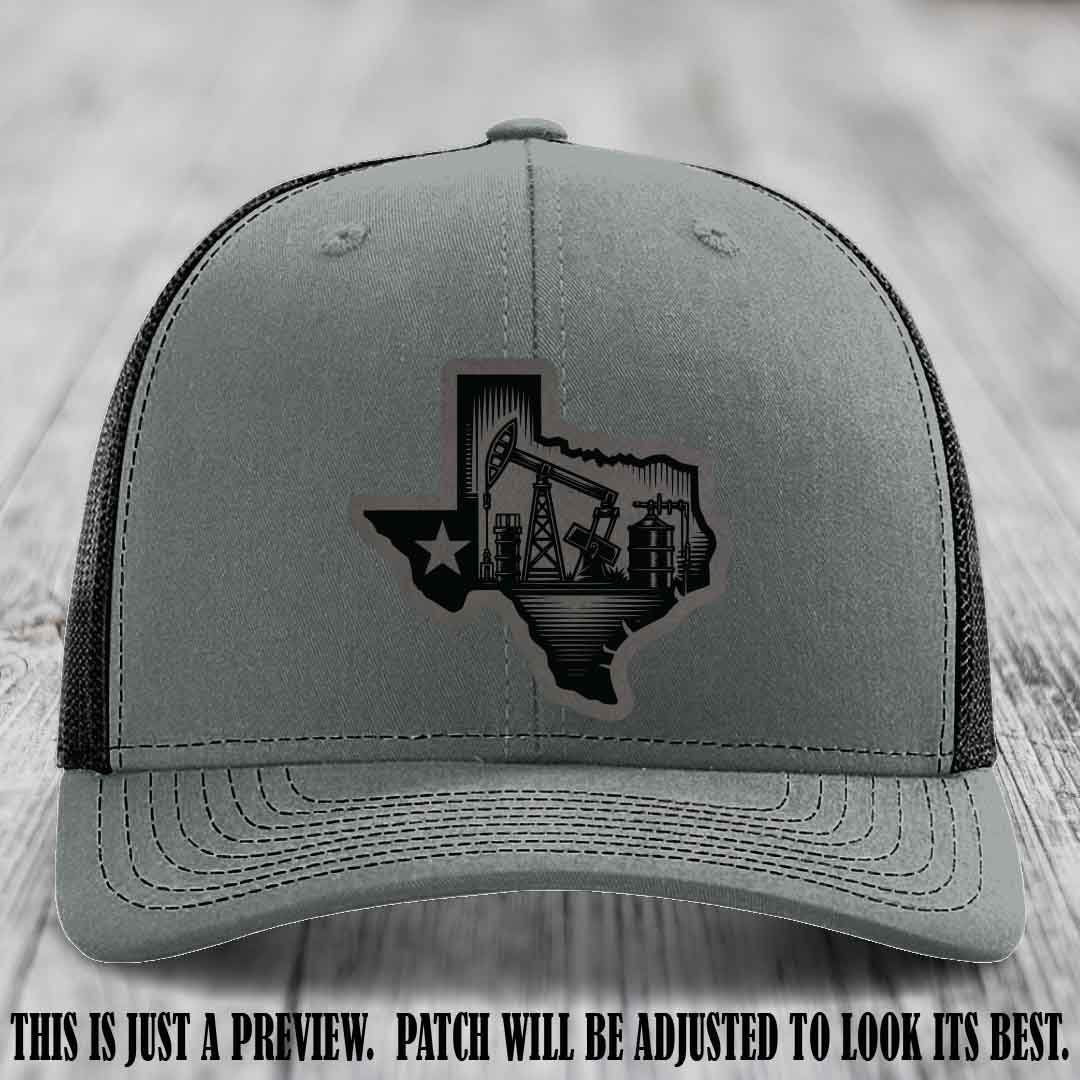 Texas Oilfield Pride design on a Grey to Black Patch leather patch Richardson 112 Heather Grey to Black Hat