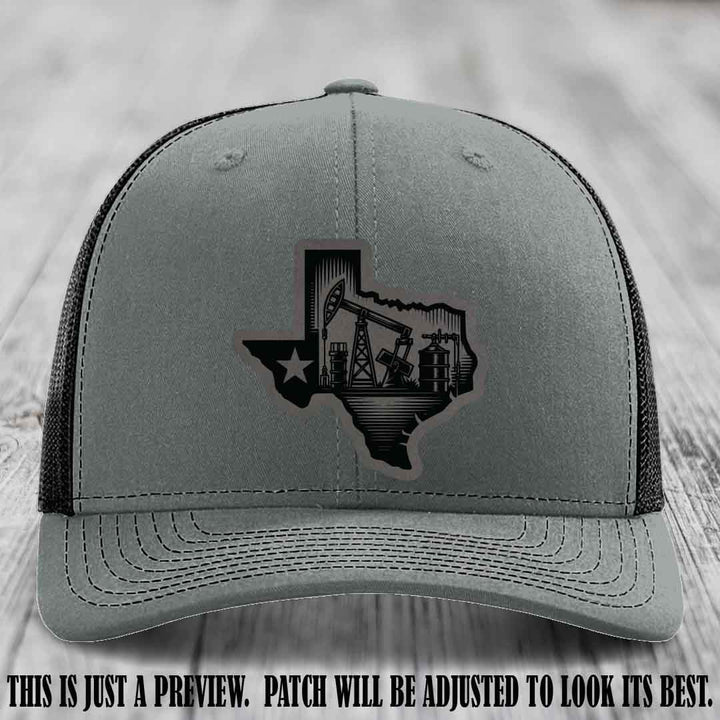 Texas Oilfield Pride design on a Grey to Black Patch leather patch Richardson 112 Heather Grey to Black Hat