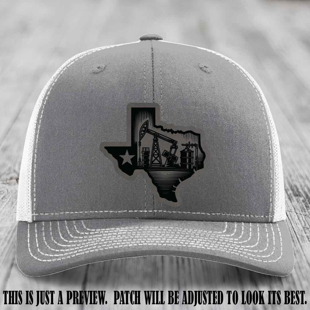 Texas Oilfield Pride design on a Grey to Black Patch leather patch Richardson 112 Heather Grey to White Hat