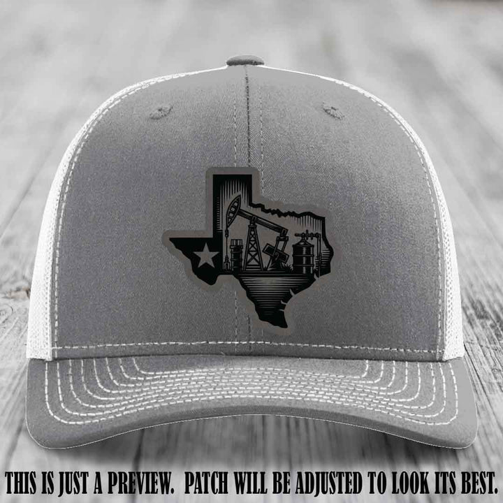 Texas Oilfield Pride design on a Grey to Black Patch leather patch Richardson 112 Heather Grey to White Hat