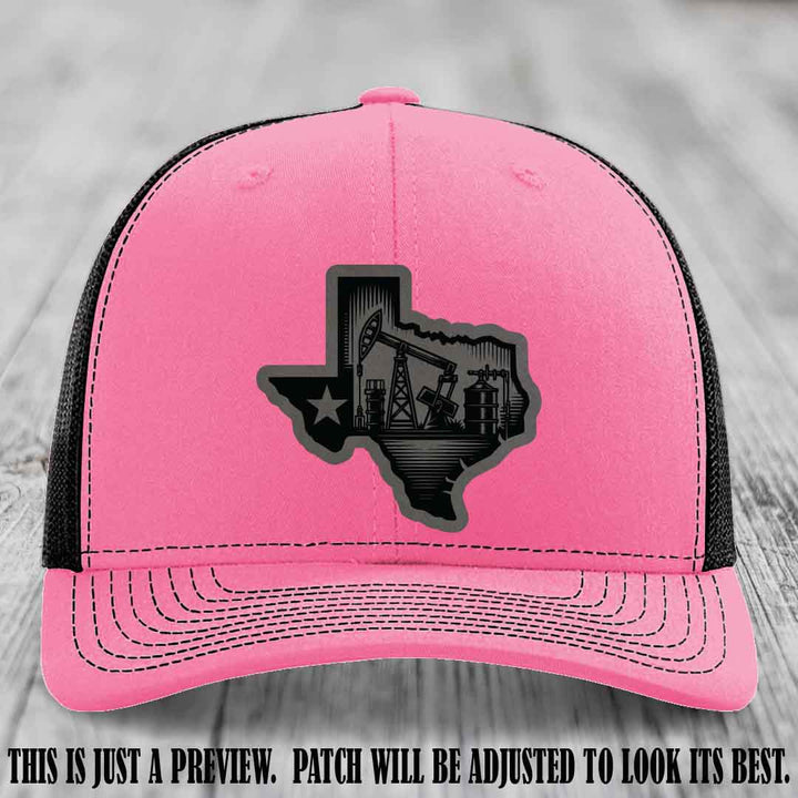 Texas Oilfield Pride design on a Grey to Black Patch leather patch Richardson 112 Hot Pink to Black Hat