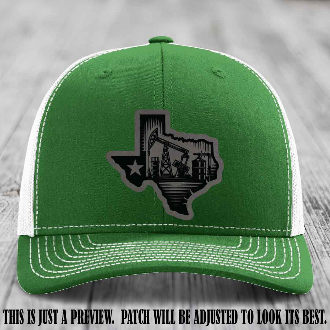 Texas Oilfield Pride design on a Grey to Black Patch leather patch Richardson 112 Kelly to White Hat