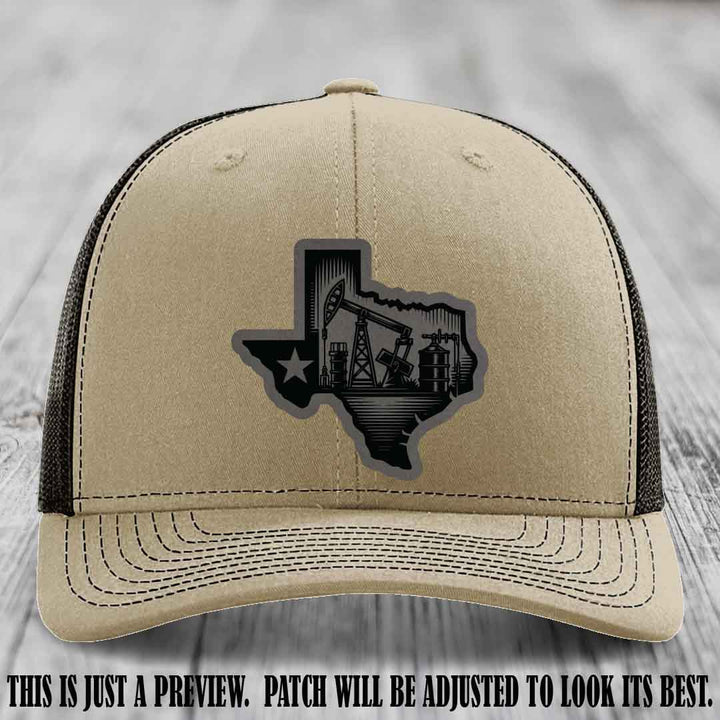 Texas Oilfield Pride design on a Grey to Black Patch leather patch Richardson 112 Khaki to Coffee Hat