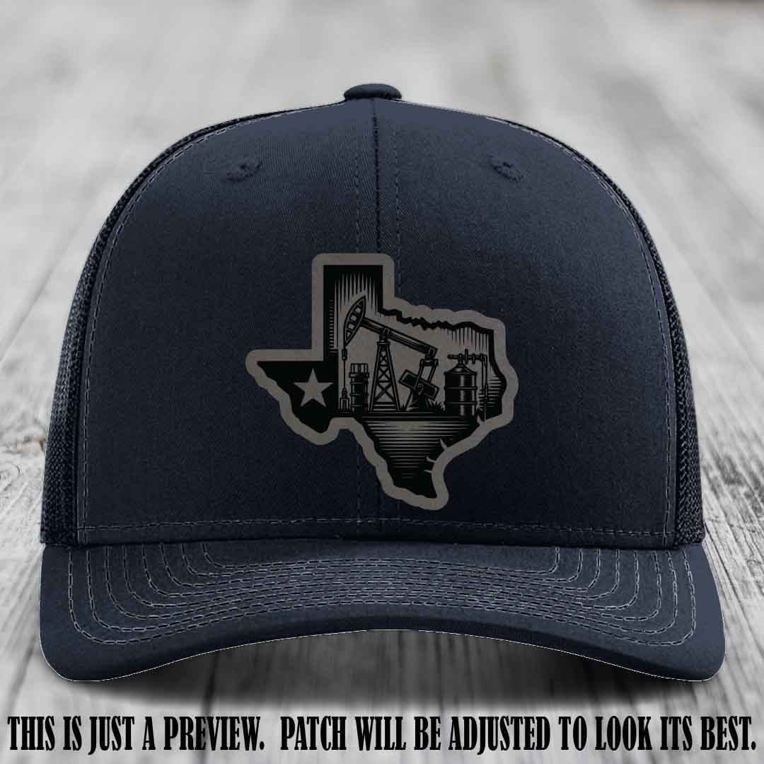 Texas Oilfield Pride design on a Grey to Black Patch leather patch Richardson 112 Navy Hat