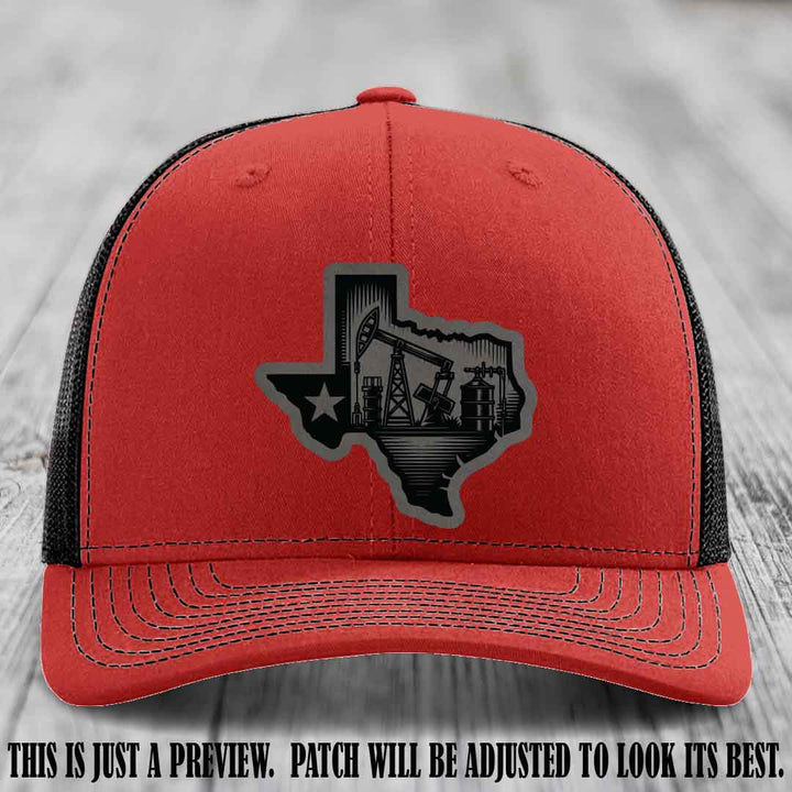 Texas Oilfield Pride design on a Grey to Black Patch leather patch Richardson 112 Red to Black Hat