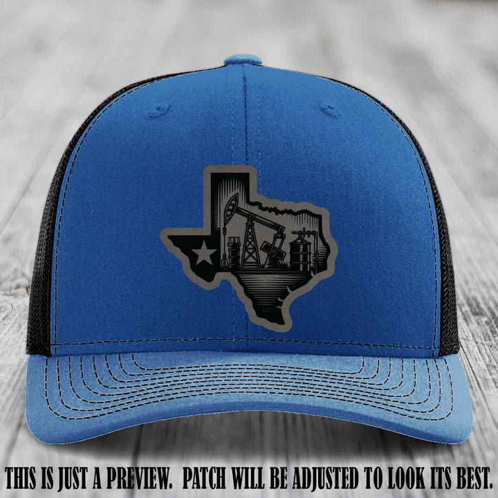 Texas Oilfield Pride design on a Grey to Black Patch leather patch Richardson 112 Royal to Black Hat