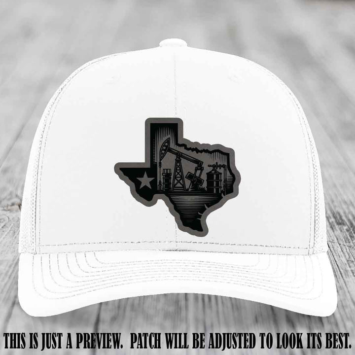 Texas Oilfield Pride design on a Grey to Black Patch leather patch Richardson 112 White Hat