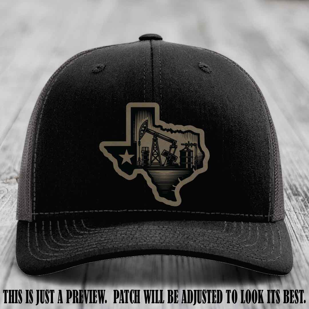 Texas Oilfield Pride design on a Light Brown to Black Patch leather patch Richardson 112 Black to Charcoal Hat
