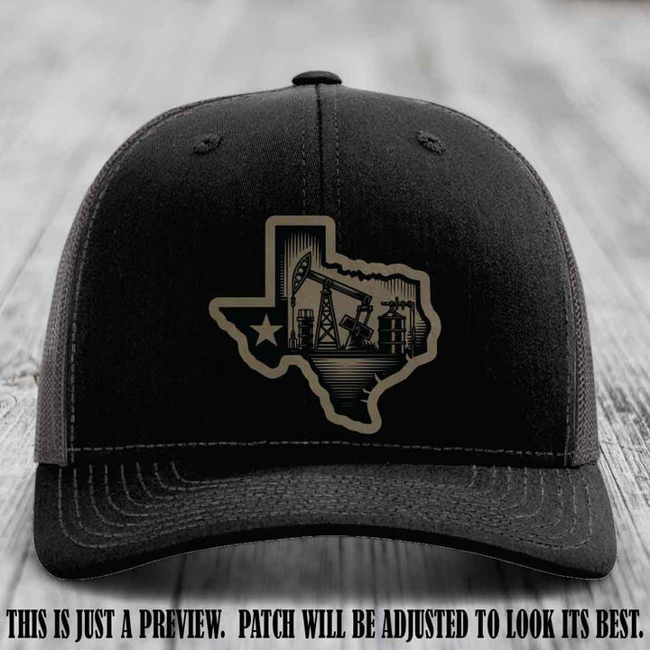 Texas Oilfield Pride design on a Light Brown to Black Patch leather patch Richardson 112 Black to Charcoal Hat