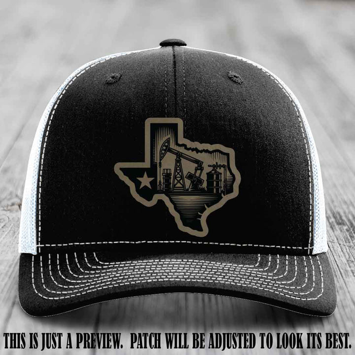 Texas Oilfield Pride design on a Light Brown to Black Patch leather patch Richardson 112 Black to White Hat