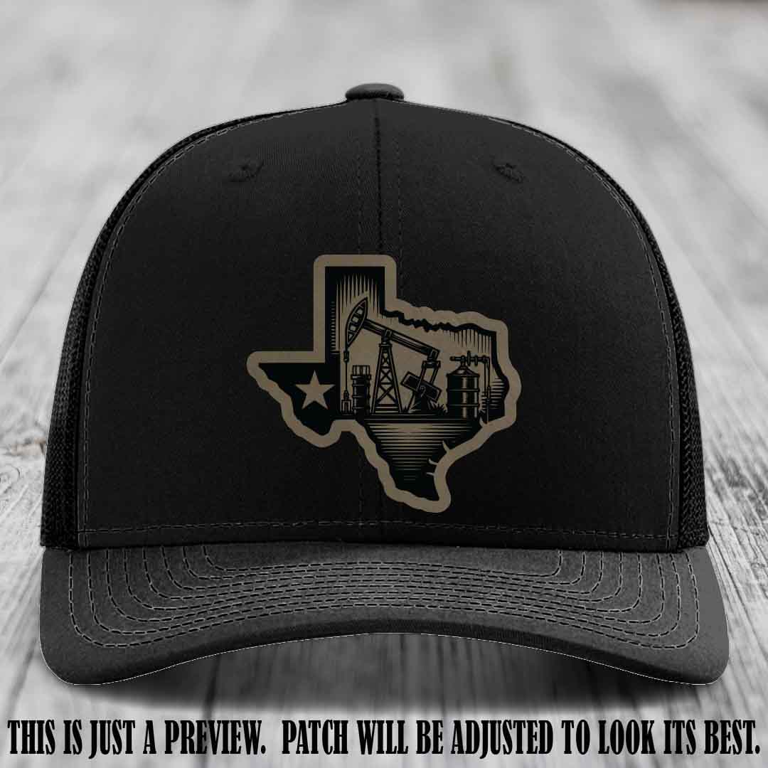 Texas Oilfield Pride design on a Light Brown to Black Patch leather patch Richardson 112 Black Hat