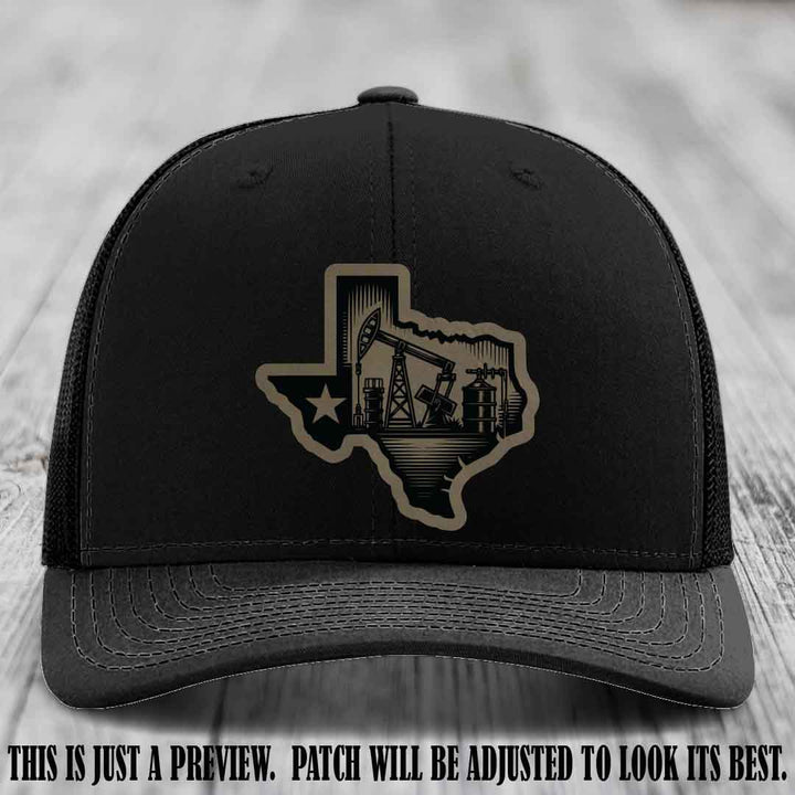 Texas Oilfield Pride design on a Light Brown to Black Patch leather patch Richardson 112 Black Hat