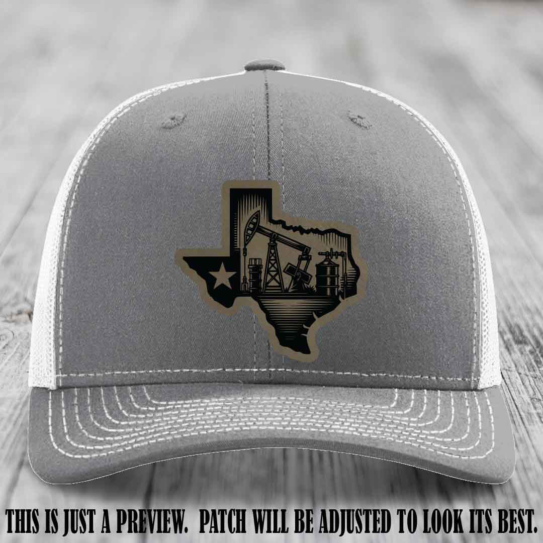 Texas Oilfield Pride design on a Light Brown to Black Patch leather patch Richardson 112 Heather Grey to White Hat
