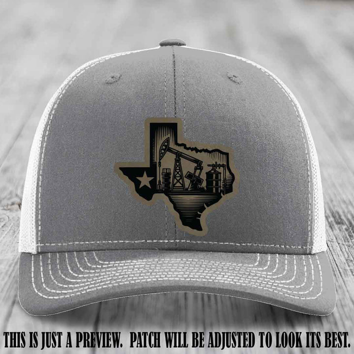 Texas Oilfield Pride design on a Light Brown to Black Patch leather patch Richardson 112 Heather Grey to White Hat