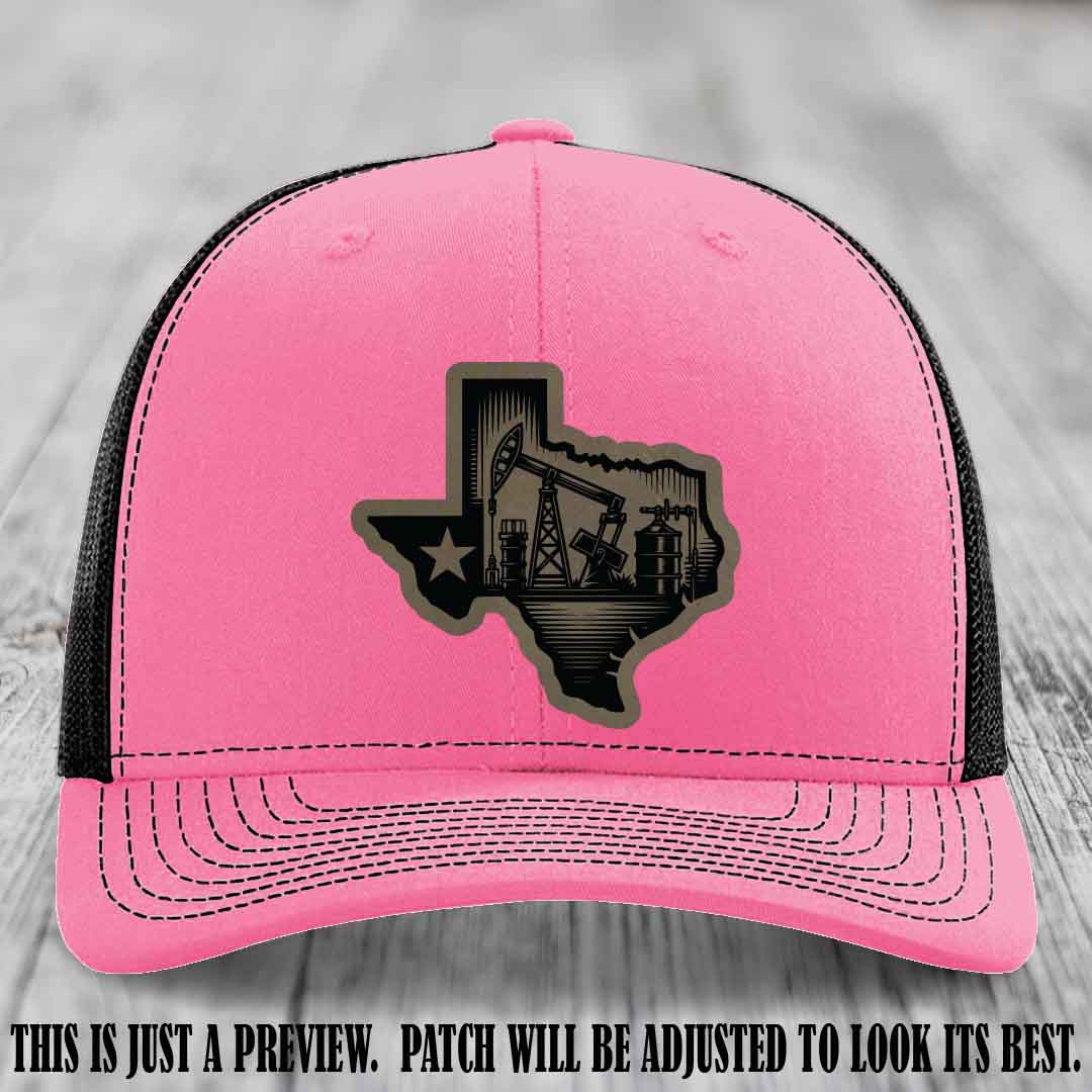 Texas Oilfield Pride design on a Light Brown to Black Patch leather patch Richardson 112 Hot Pink to Black Hat